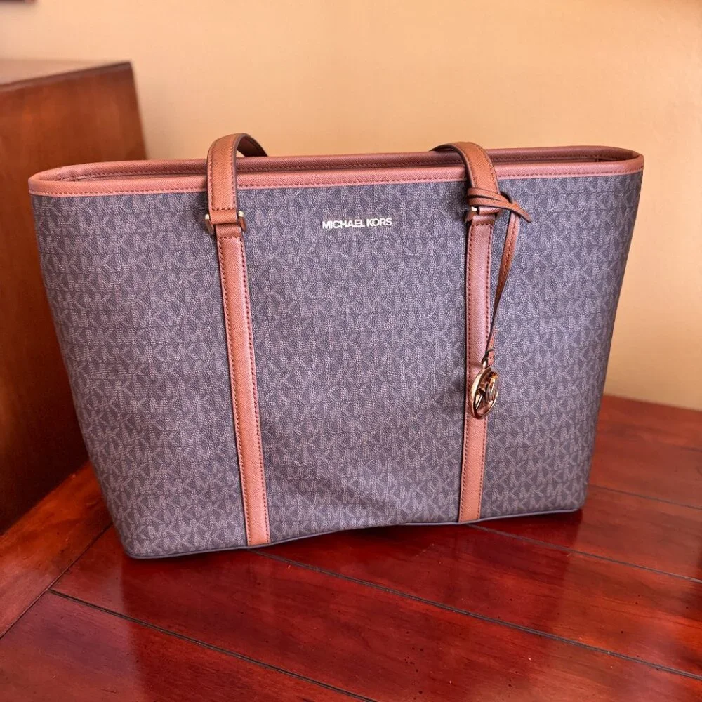 Michael Kors Sady Large Logo Canvas Top-Zip Laptop Travel Tote Brown - Picture 10 of 11